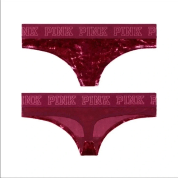 VS Pink Logo Velvet Thong Crushed Red Burgundy L - Picture 1 of 4